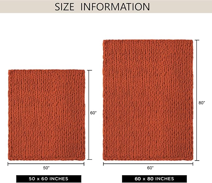 Chunky Knit Throw Blanket 60"X 80", 100% Handmade with Soft Chenille Yarn, 4.4lbs Thick Cable Knitted Blankets, Large Rope Knot Crochet Throws for Couch Sofa Bed Home Decor, Rust