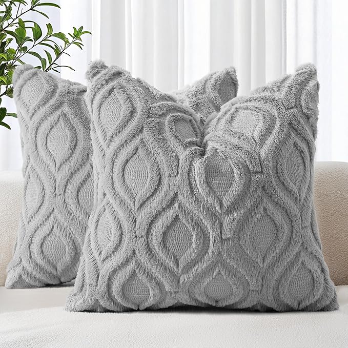 decorUhome Fall Throw Pillow Covers 18x18 Inch Set of 2, Soft Plush Decorative Faux Fur Grey Solid Couch Pillow Covers, Accent Farmhouse Neutral Square Euro Pillow Cases for Sofa Bed Living Room