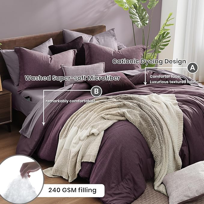 Monbix California King Comforter Set - 7 Pieces Cationic Dyeing Italian Plum Bed in a Bag Cal King Bed Sets with Comforter, Sheets, Pillowcases & Shams, Reversible Bedding Comforters Sets (108 * 92)