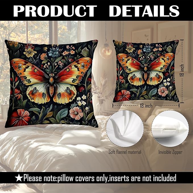 William Morris Inspired Butterfly Pillow Covers 18x18 Set of 2, Butterfly Room Decor, Dark Cottagecore Floral Botanical Moth Decorative Throw Pillow Covers for Home Bedroom Living Room