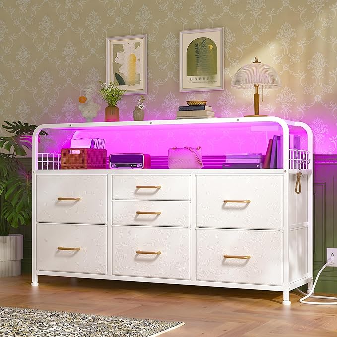 TV Stand for Bedroom with LED Lights & Charging Station, 7 Drawer with Open Shelf, Media Console for Living Room & Chest of Drawers for Closet, Entryway, Hallway, 4 Hooks, White