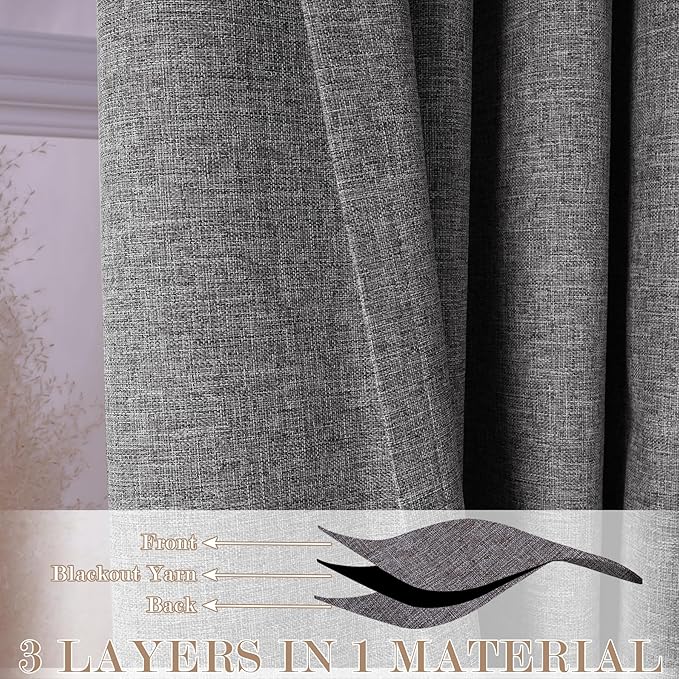 Gray Pinch Pleat 100% Blackout Drapes Linen Blend, Room Divider, Room Darkening, Energy Saving, Furniture Protecting, Light Blocking Extra Wide Privacy Curtains, 200Wx108L, 1 PC