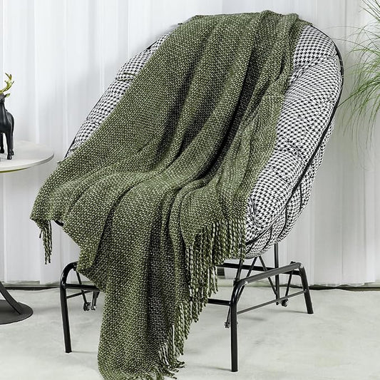 Blagic Knitted Throw Blanket for Couch, Soft Farmhouse Throw Blanket with Tassels,Home Decorative Lightweight Blankets,Spring Throws for Bed/Chair/Sofa,Wheat Textured (Green & White,60" W x 80" L)