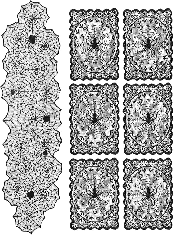 eZAKKA Halloween Table Runner with 4Pcs Placemat, Black Lace Spider Web Table Runners for Parties Gothic Spooky Home Decorations, 18 x 72 Inch