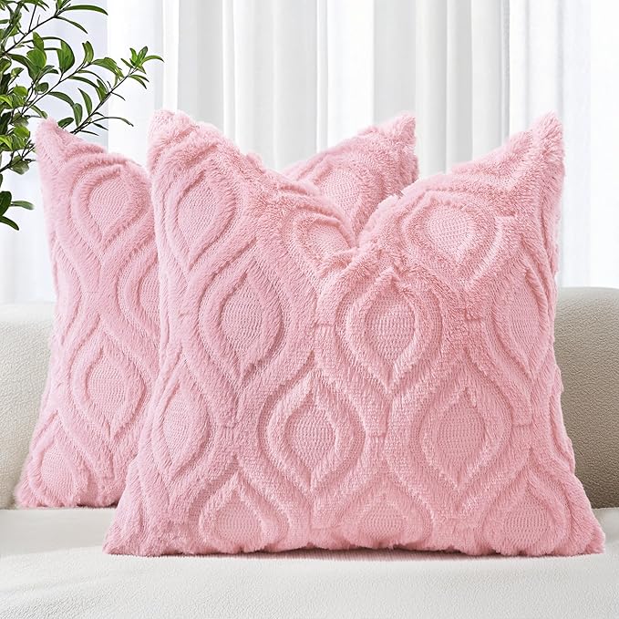 decorUhome Throw Pillow Covers 18x18 Inch Set of 2, Soft Plush Decorative Faux Fur Light Pink Solid Couch Pillow Covers, Accent Farmhouse Neutral Square Euro Pillow Cases for Sofa Bed Living Room