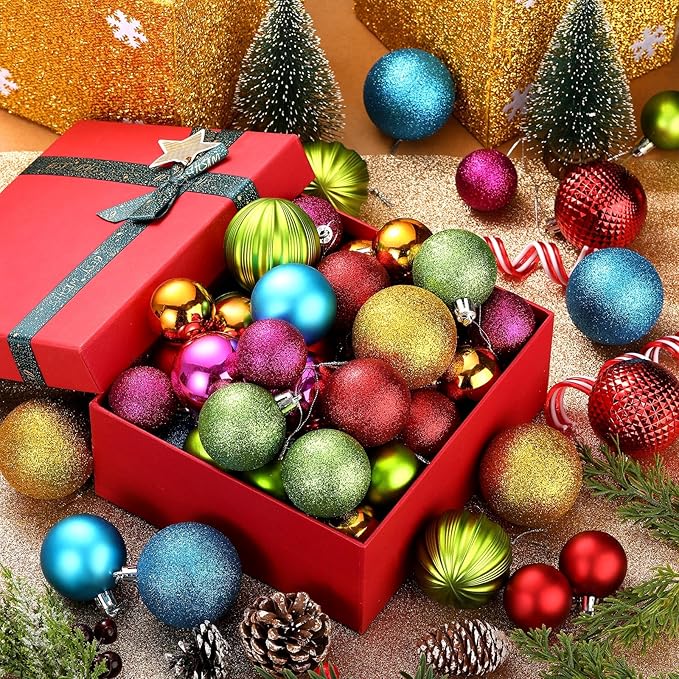 64 Pcs Neon Christmas Ball Ornaments Bright Christmas Ornaments Shatterproof Glitter Neon Red Pink Yellow Blue Green Xmas Baubles 1.6/1.97/2.4 Inch 80s 90s Christmas Ornaments for Tree Home