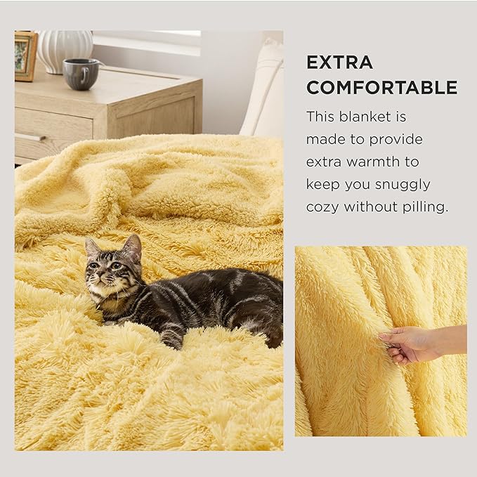 Bedsure GentleSoft Fluffy Yellow Blankets Queen Size for Bed, Thick Sherpa Faux Fur Fleece Fuzzy Plush Winter Warm Heavy Soft Full Queen Blankets, Bedroom Decor Yellow Cozy Gifts for Women Men, 90x90