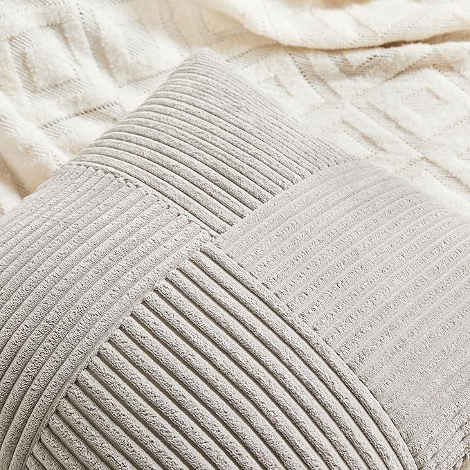 Fancy Homi 2 Packs Neutral Grey Decorative Throw Pillow Covers 22x22 Inch for Living Room Couch Bed Sofa, Rustic Farmhouse Boho Home Decor, Soft Corss Corduroy Patchwork Accent Cushion Case 55x55 cm