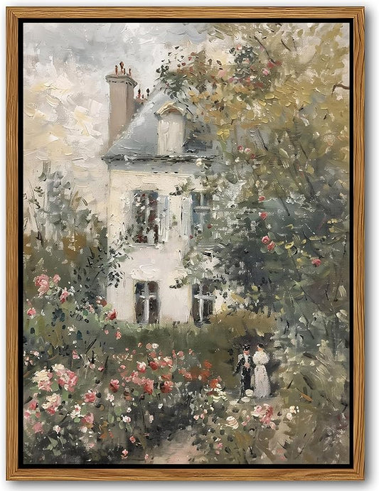 Floating Framed Canvas Vintage Wall Art, Neutral English Cottage Rose Garden Oil Paintings Print, Spring Pictures Wall Decor for Living Room Hallway Bedroom Office Rustic Decor 12x16 inch
