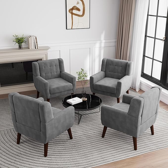UIXE Accent Chair, Velvet Upholstered Armchair for Living Room, Modern Club Arm Chairs Comfy Single Sofa Button Tufted Bedroom Reading Seat - Gray, Set of 4