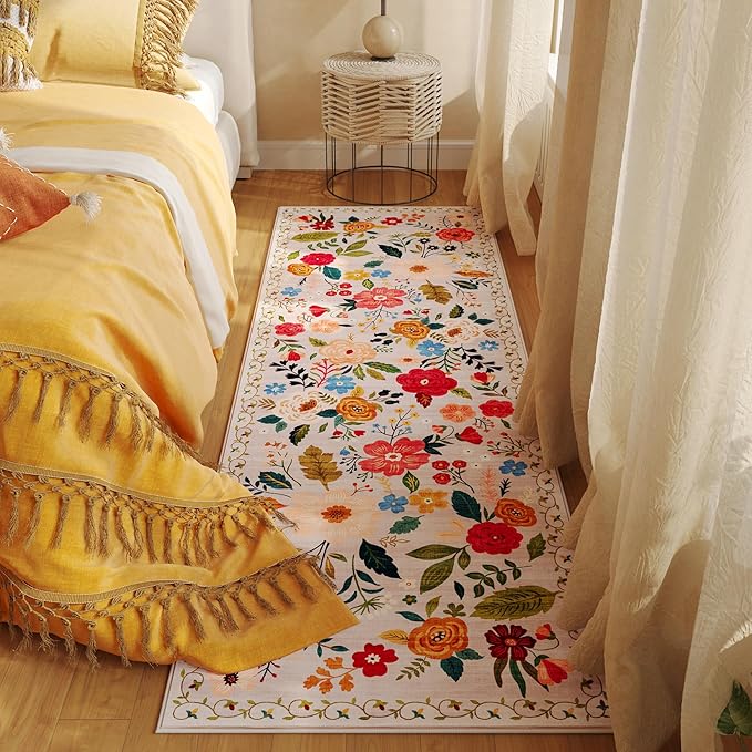 Runner Rug for Hallways Kitchen Rug Non Slip 2'x 6' Washable Rugs with Rubber Backing Soft Floral Carpet Runner for Hallways, Kitchen, Laundry, Bedroom, Bathroom(Beige)