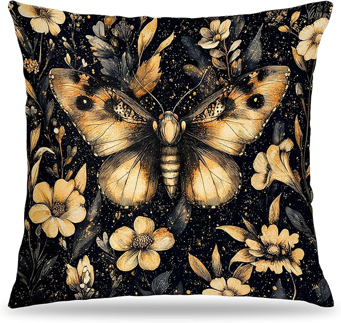 William Morris Inspired Floral Moth Pillow Covers 18x18, Dark Academia Cottagecore Botanical Floral Butterfly Decorative Throw Pillow Covers for Bedroom Living Room Home, Cottagecore Room Decor