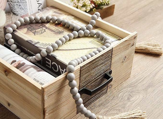 58in Wood Bead Garland with Tassels, Farmhouse Rustic Country Decor Prayer Boho Wall Hanging Decoration (Gray)