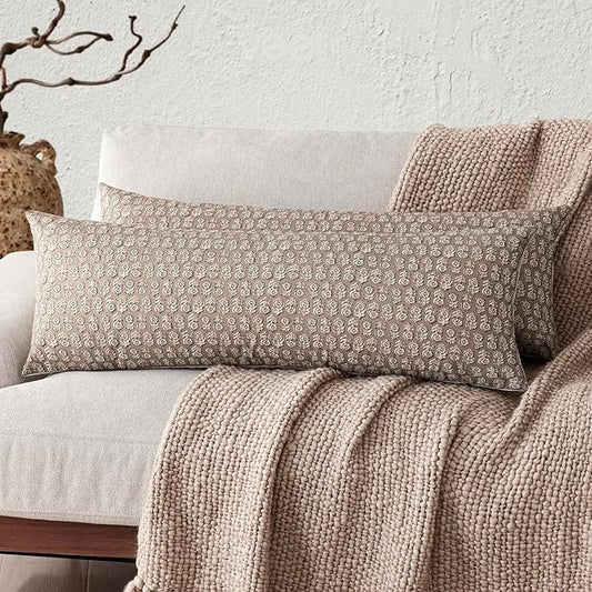 Foindtower Set of 2 Decorative Floral Body Lumbar Throw Pillow Covers Neutral Modern Farmhouse Cushion Covers Vintage Home Decor for Sofa Couch Chair Bedroom Living Room,14×36 Inch,Tan Taupe