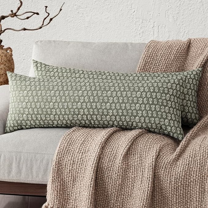 Foindtower Set of 2 Decorative Long Body Lumbar Throw Pillow Covers Neutral Modern Farmhouse Cushion Covers Vintage Home Decor for Sofa Couch Chair Bedroom Living Room,14×36 Inch,Sage Green