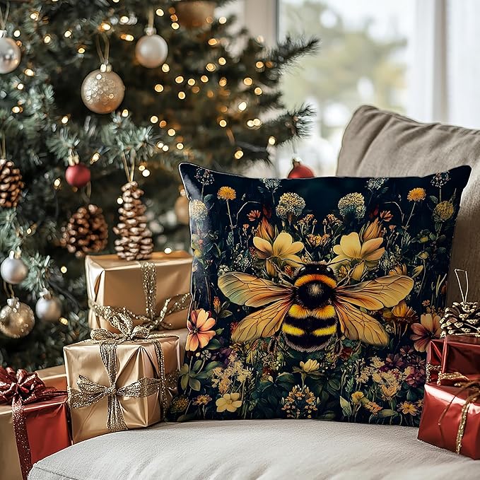 Vintage Moody Floral Bumblebee Pillow Covers 18x18, Moody Dark Cottagecore Botanical Wildflower Bee Decorative Throw Pillow Covers for Home Bedroom Living Room, Bee Decorations for Home
