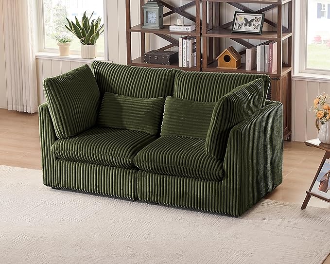 Oversized Modular Sofa, Extra Deep Cloud Corduroy Sectional Couch with Ottoman Chaise, Fluffy Corduroy 2 Seater Sofa Bed for Living Room, Villa (Loveseat Sofa, Corduroy Green)