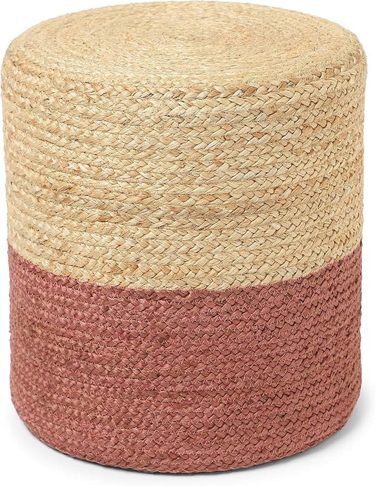 REDEARTH · Cylindrical Pouf Foot Stool Ottoman - Jute Braided Pouffe Poof Accent Sitting Footrest for Living Room, Bedroom, Nursery, Patio, Lounge (Natural Rust, 14.5"x14.5"x16")