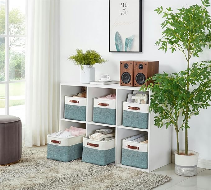 DECOMOMO Storage Baskets for Shelves - Fabric Closet Organizers and Storage Bins, Perfect Baskets for Organizing Closet Toys Nursery (Green and White, XL - 3 Pack)