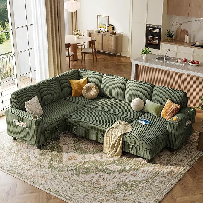 LINSY HOME Sectional Sleeper Sofa with Pull Out Couch Bed Convertible Plush Corduroy Cloud Couch with Storage Chaise & USB Charging, Comfy Modular Couches for Living Room (Green)