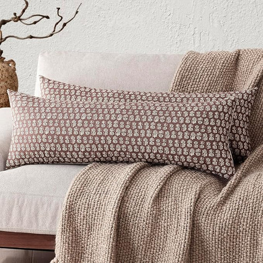Foindtower Set of 2 Decorative Vintage Long Lumbar Throw Pillow Covers Neutral Modern Farmhouse Cushion Covers Floral Home Decor for Sofa Couch Chair Bedroom Living Room,14×36 Inch,Wine Red