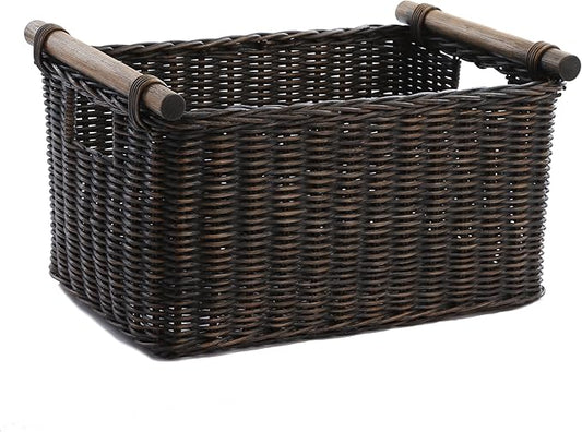 The Basket Lady Pole Handle Wicker Storage Basket, Medium, 16 in L x 12 in W x 8.25 in H, Antique Walnut Brown