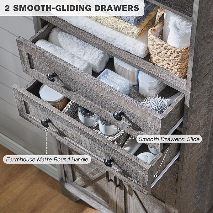 Bathroom Storage Cabinet, 72" Tall Farmhouse Storage Cabinet with 2 Drawers, Adjustable Shelves & Barn Door, Cabinet for Bathroom, Living Room, Kitchen, Grey Wash