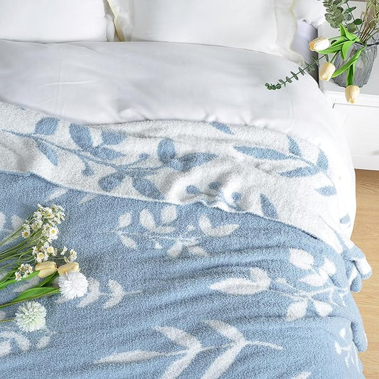 Leaf Pattern Throw Blanket Soft Cozy Spring Blanket for Bed, Couch, Sofa Lightweight Breathable Stylish Seasonal Home Decor Blanket Dusty Blue 50x60 Inches