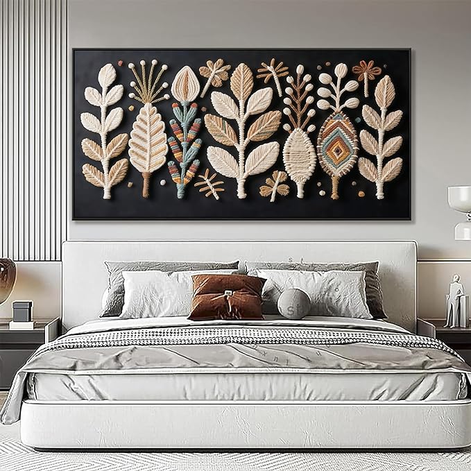 Large Boho Black Wall Art For Living Room Chic Home Wall Art Modern Multicolor Leaves Feather Canvas Wall Art Decor Picture For Bedroom Apartment Kitchen Home Wall Decor 29" X 58" With Framed