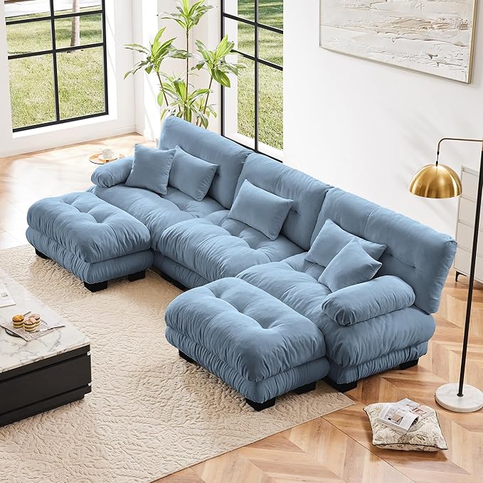 Modular Sectional Sofa, Comfy Cloud Couch 3 Seater Couch with Ottoman, Sectional Couches for Living Room, Modern Chenille U Shaped Couches, Sleeper Deep Seat Sofa with Throw Pillows, Blue