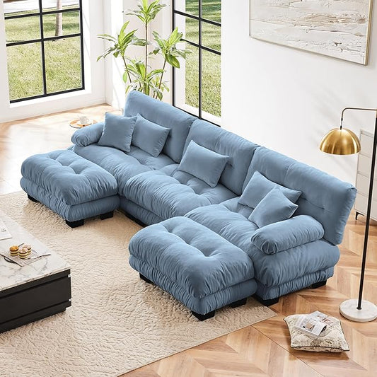Modular Sectional Sofa, Comfy Cloud Couch 3 Seater Couch with Ottoman, Sectional Couches for Living Room, Modern Chenille U Shaped Couches, Sleeper Deep Seat Sofa with Throw Pillows, Blue