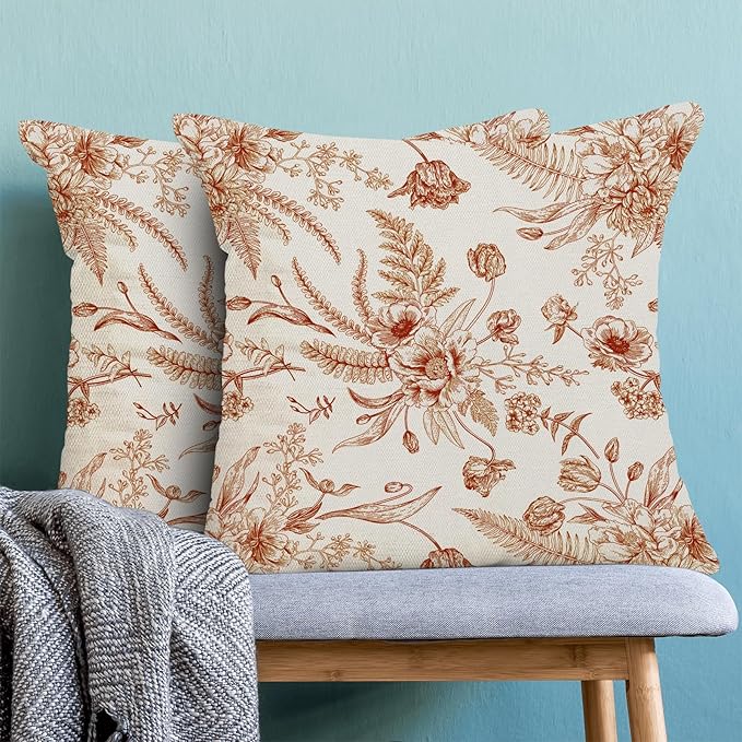 CXMEIFLY Burnt Orange Spring Pillow Covers 18 x 18 Inch Set of 2 for Chinoiserie Flowers Decor Throw Pillows Floral Leaves Seasonal Plant Outdoor Decorative Cushion Cases for Couch Bed Decorations