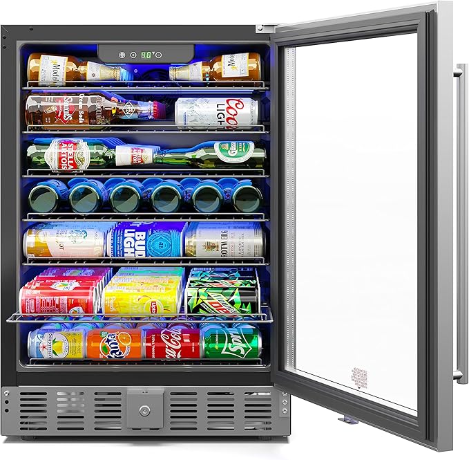 KoolMore 23.4” Inches Small Built-In Glass Door Refrigerator and Beverage Cooler for Soda Cans, 6 Wire Shelves, Adjustable Temperature Range [5.1 Cu. Ft.], 24" Inch (KM-BIR5C-GD)