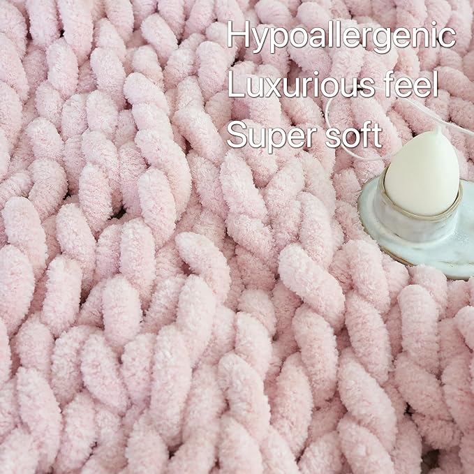 Maetoow Chenille Chunky Knit Blanket Throw （60×80 Inch）, Handmade Warm & Cozy Blanket Couch, Bed, Home Decor, Soft Breathable Fleece Banket, Christmas Thick and Giant Yarn Throws, Light Pink