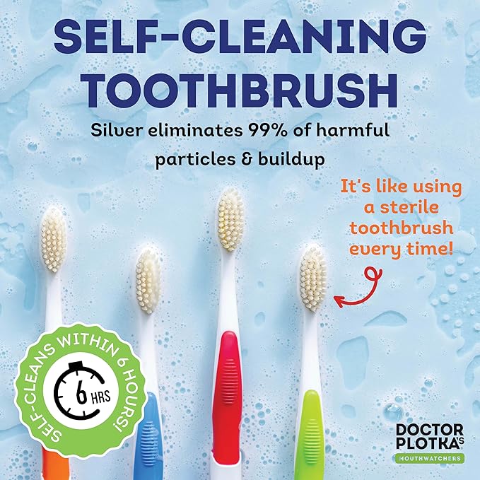 MOUTHWATCHERS Soft Flossing Toothbrushes for Kids, Yellow, Ultra Clean Manual Toothbrush for Sensitive Teeth & Gums, by Dr. Plotka