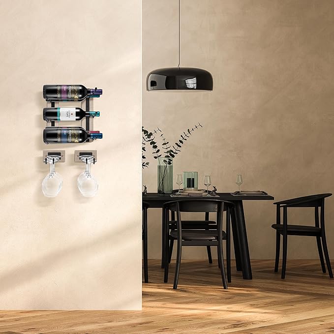 Sorbus Wall Mounted Wine Glass Stemware Rack Set - Wire & Wood Wine Rack Wall Mounted for Wine Glasses, Champagne Glasses, and Drinkware - Complete Your Home Bar & Kitchen Storage, Grey