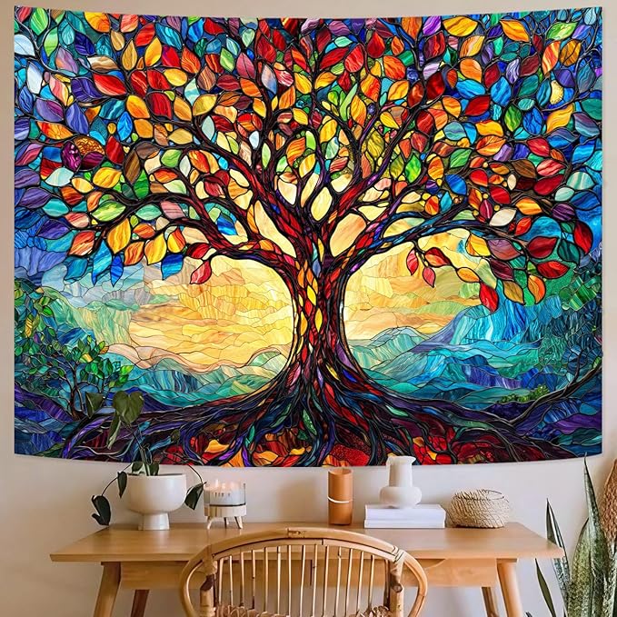 Lunerfex Tree of Life Tapestry Stained Glass Tapestry Wall Decor Tapestries for Bedroom Art Tapestries Wall Hanging for Bedroom Living Room Glass-Tree-01 70"x90"