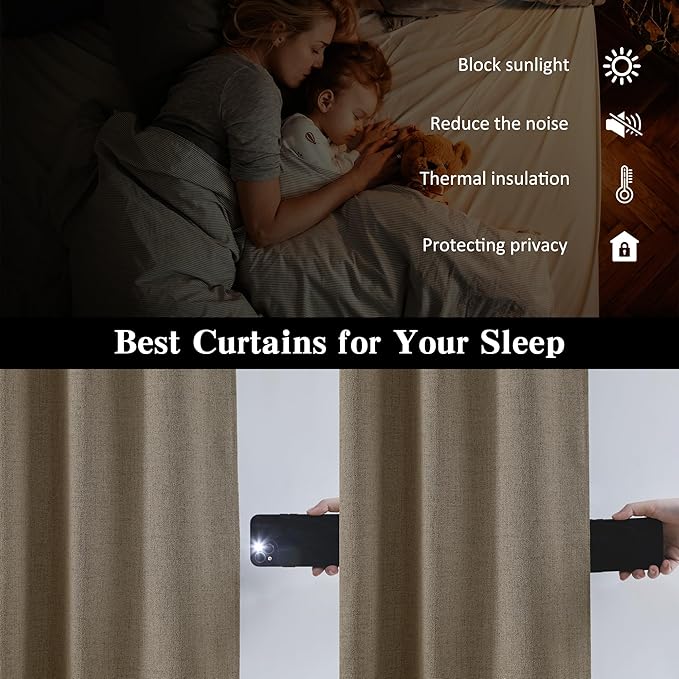 70 Inch Wide Blackout Curtains 2 Panels Set,Back Tab Pleated Curtains Hidden Tab with Hooks,Energy Efficinet Linen Blend Patio Drapes for Dining Room Sliding Glass Door 70x96 Length Linen Brown