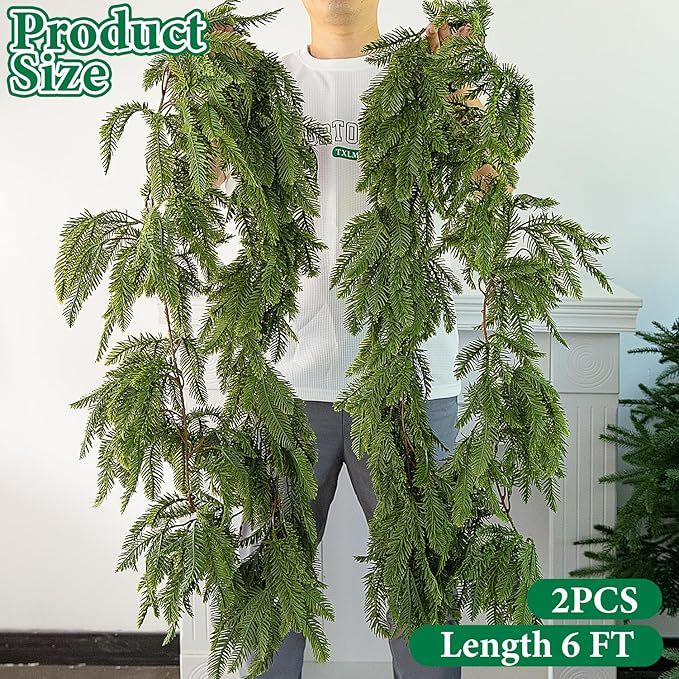 Watayo 2 Pcs Christmas Norfolk Pine Garland, 6 Ft 3 Fork Dense Real Touch Pine Garland Ornament, Realistic Artificial Pines Greenery Garlands for Christmas Holiday Mantle Fireplace Table Home Decor
