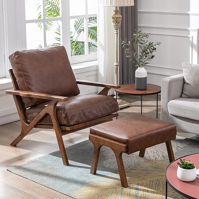 chairus 2 Sets Mid-Century Modern Accent Chairs with Ottoman, Faux Leather Armchair with Wood Legs Comfy Upholstered Single Sofa Chair for Living Room/Bedroom/Lounge, Brown