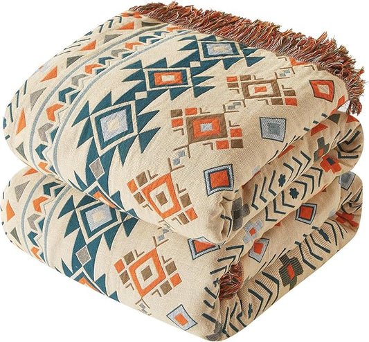 Boho Throw Blanket for Couch Sofa Bed, 100% Cotton Woven Quilt with Tassel 90”x98”, Super Soft Muslin Blanket with Patchwork Printed, Decorative Reversible Bed Blanket/Cover for All Seasons