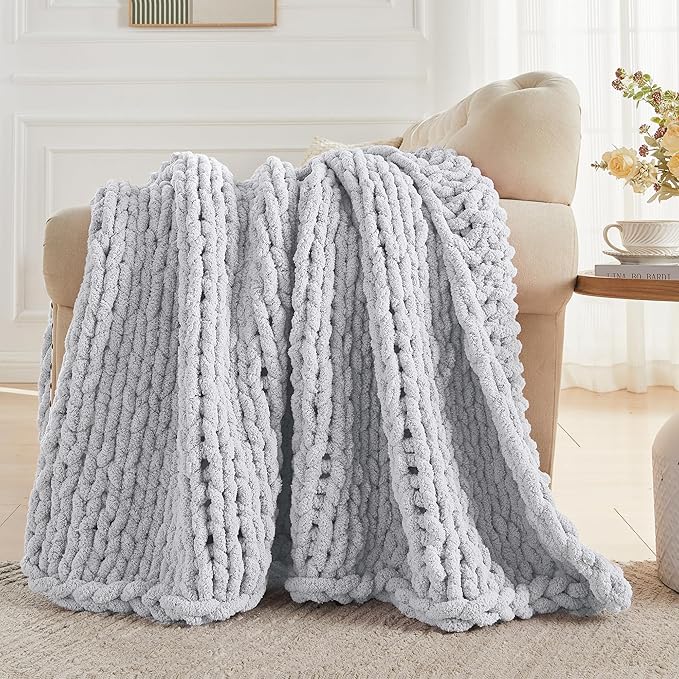 Carriediosa Chunky Knit Throw Blanket 50" X 60", 100% Hand Made Large Chenille Loop Yarn Soft Fluffy Throws for Couch Sofa Bed, Big Crochet Cozy Heavy Thick Cable Woven Blanket, Grey