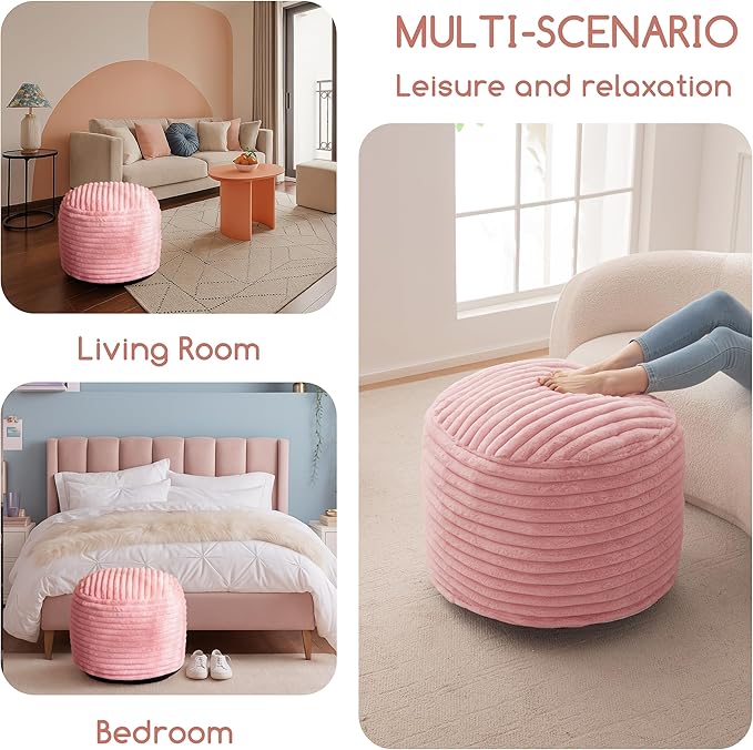 HIGOGOGO Round Stuffed Pouf Ottoman, Stripe Faux Fur Poufs with Foam Chunk Filling, Furry and Fluffy Pouf Foot Stool Storage Ottoman, 26 X 18 Floor Poufs Foot Rest for Living Room, Pink