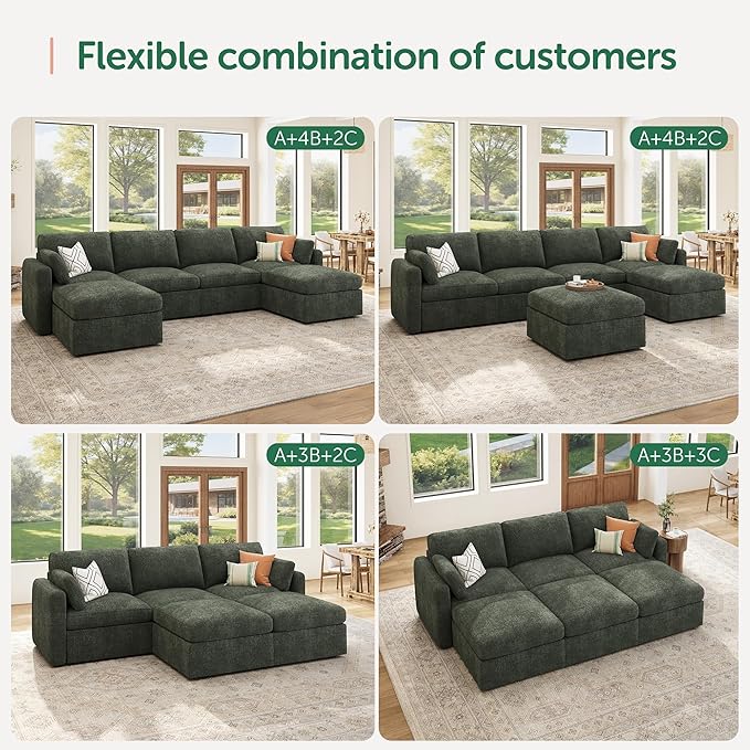 HONBAY Sectional Couch with Storage Seats, Modular Sectional Sofa with Storage Ottoman, U Shaped Sectional Couches for Living Room,Green
