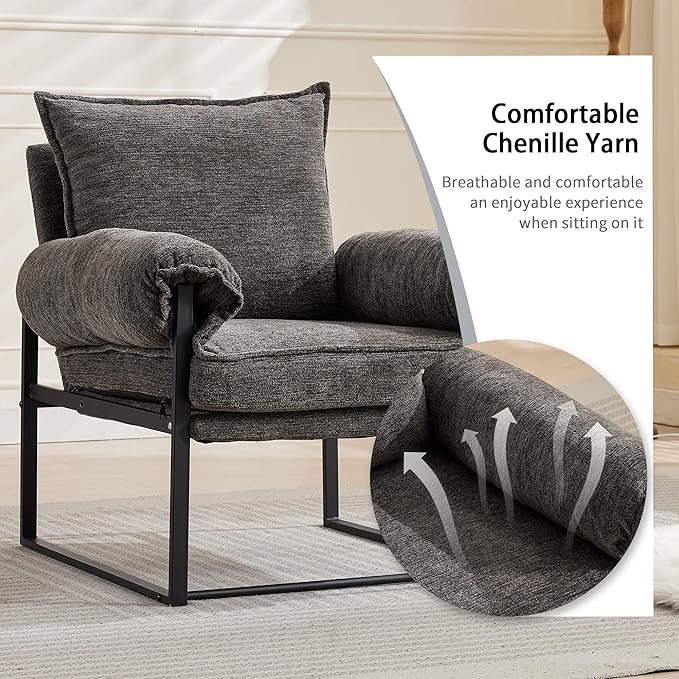 YISHENG Accent Chair with 6-Angle Adjustable Backrest, Chenille Fabric Living Room Chair Upholstered Lounge Chair, Modern Chair Cozy Reclining Chair for Reading Room, Set of 2 Gray