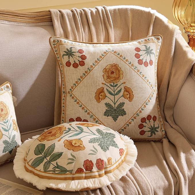 patdrea Designer Pack of 4 Throw Pillow Covers,Beige Vintage French Soft Linen Pillows Cover with Daisy Floral Pattern,Vintage Square Farmhouse Decorative Pillowcase for Couch,Bed,Living Room