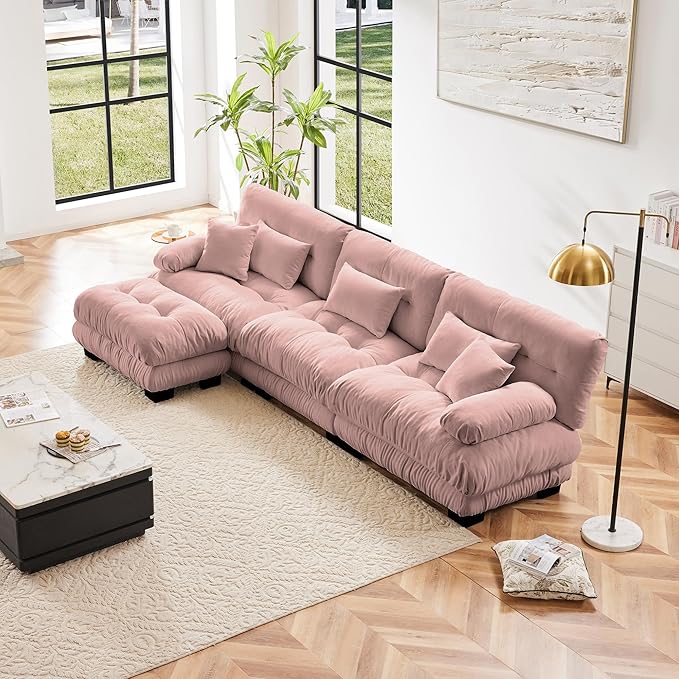 Pink 3-Seater L-Shaped Cloud Couch, Oversized Loveseat Sectional Sofa with Ottoman, Chenille Fabric, Modern Style