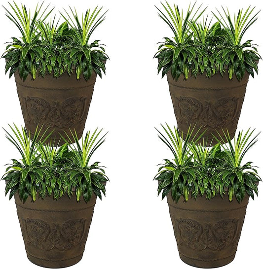 Sunnydaze 19.5-Inch Arabella Large Plant Pot - Polyresin Round Outdoor Planter with Drillable Drainage Holes - 4 Pack - Sable