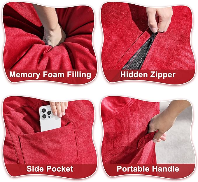Hobestluk 6FT Bean Bag Chair Bean Bag Chairs for Adults Giant Bean Chairs with Velvet Cover, Memory Foam BeanBag Chair Fluffy BeanBag Chairs for Living Room, Bedroom- Red (70" x 70" x 15")