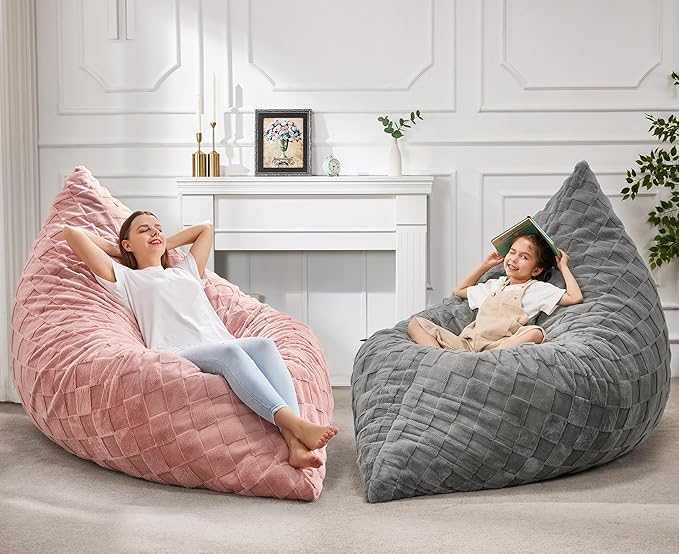 Hobestluk 3 in 1 Bean Bag Chair Giant Bean Bag Chairs for Adults with Plaid Cover Convertible Bean Bag Floor Cushion with Machine Washable Cover for Living Room (Plaid Pink)